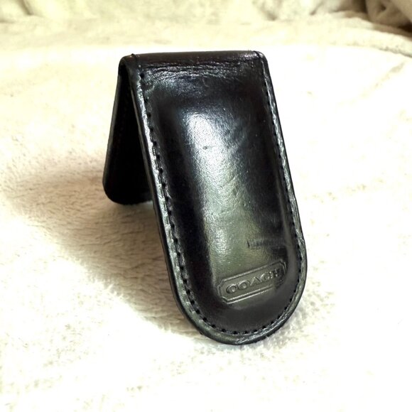 Coach Men's Money Clip Black Genuine Smooth Leather Magnetic Embossed Logo - Picture 1 of 5